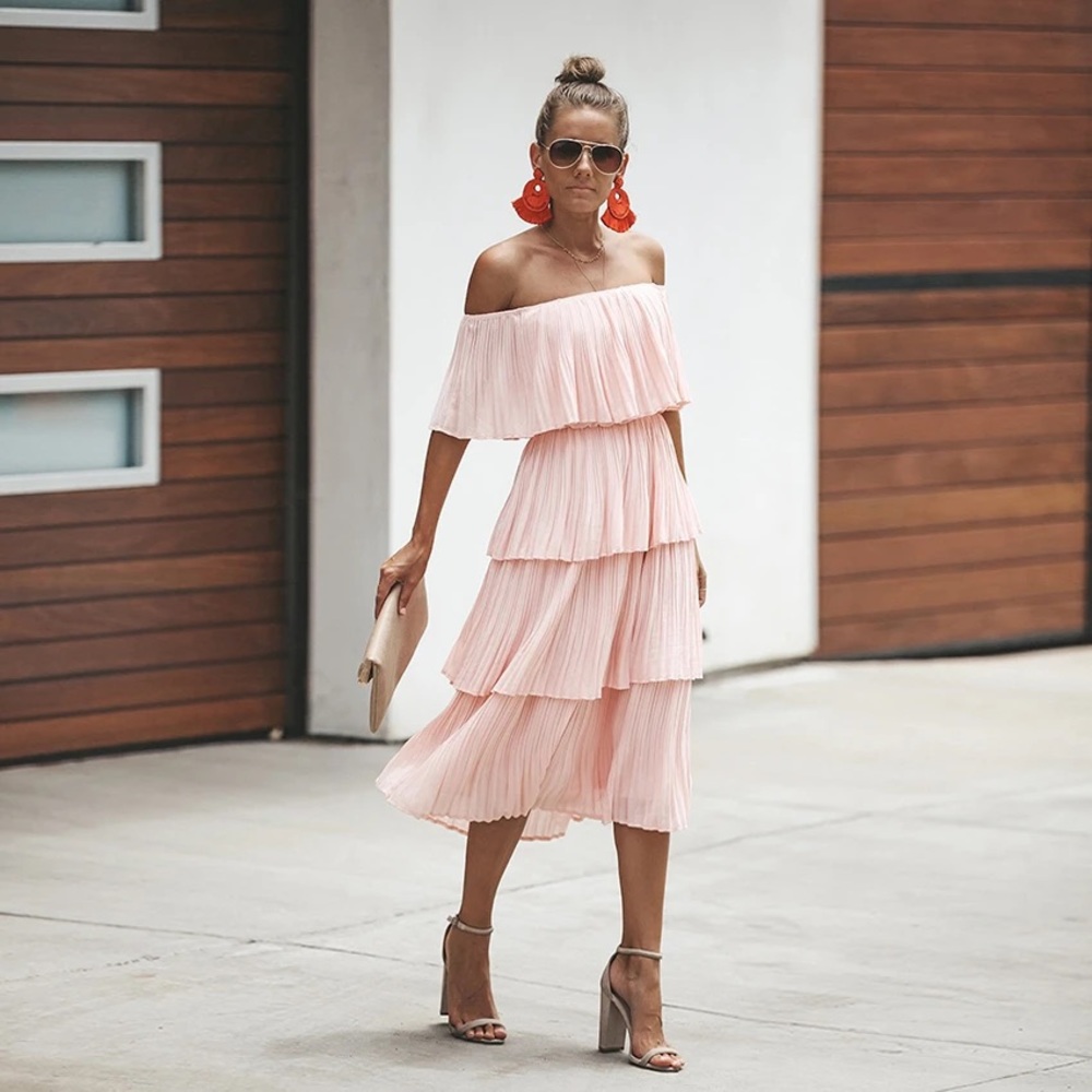 Lulus Gala Ready Blush Pink Off-the-Shoulder Ruffle Midi Dress